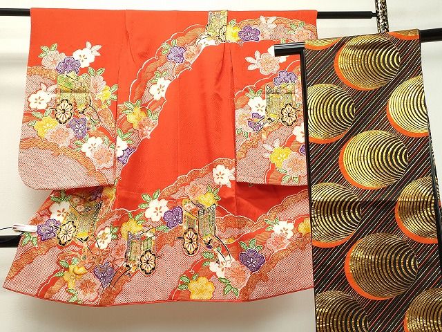 平和屋着物七五三　女の子　3歳　祝着・袋帯セット　御所車草花文　金彩　洗える着物　DAAJ2087ud