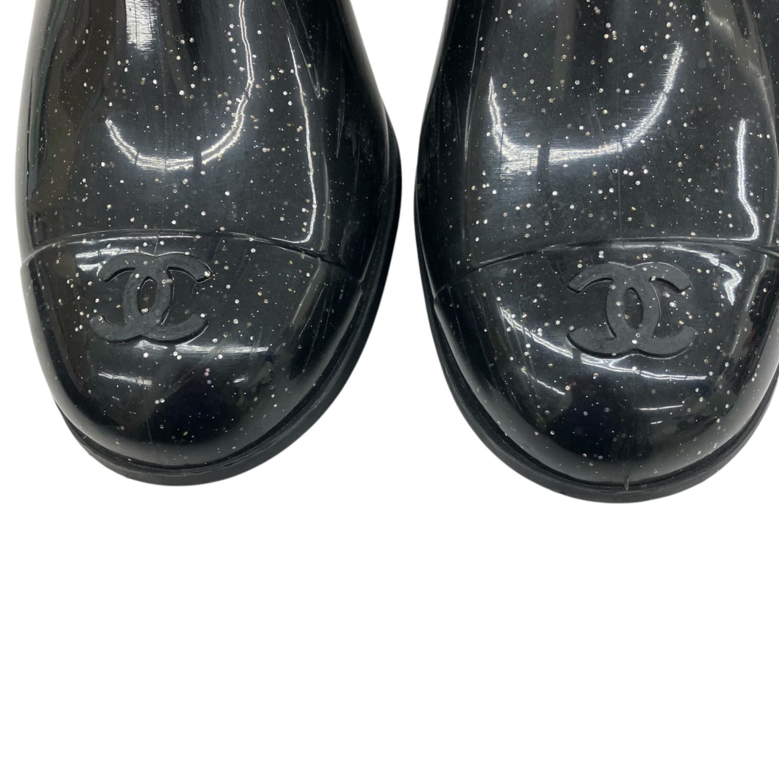 【即納！】186005　収納ケース付き☆　現状品　CHANEL シャネル　レインブーツ　レディース　36サイズ　ブラック　カメリア　ココマーク　ラメ入り 水に強い