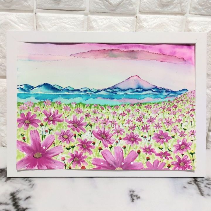 夕空コスモス 水彩画 原画 フレーム入り 風景画 富士山 秋の絵 ハンドメイド絵画 - メルカリ