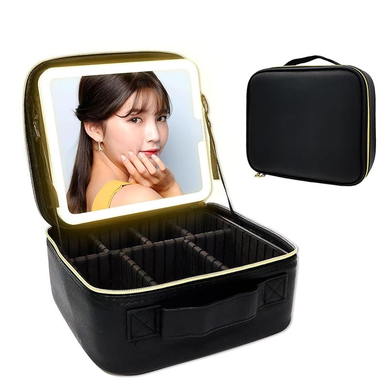AMZTOLIFE メイクボックス 鏡付き LEDライト付き コスメボックス 3色照明 無段階調光 10倍拡大鏡 USB充電式 大容量 コスメ収納 メイクブラシ入れ 持ち運び 旅行 出張用 メイクポーチ （ブラック）