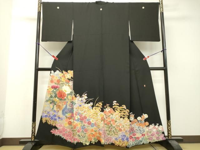 平和屋着物●本加賀友禅作家 毎田仁郎 黒留袖 尾長鳥草花文 正絹 DAAS2394tw