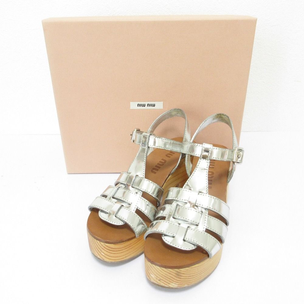 良品 miu miu ミュウミュウ レザー チャンキーヒール ウッド