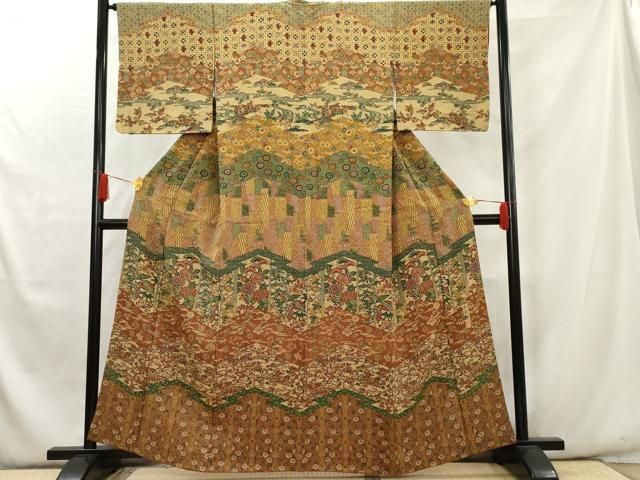 平和屋着物□訪問着 型染め 吉祥花鳥文 鬼しぼ縮緬 正絹 逸品  