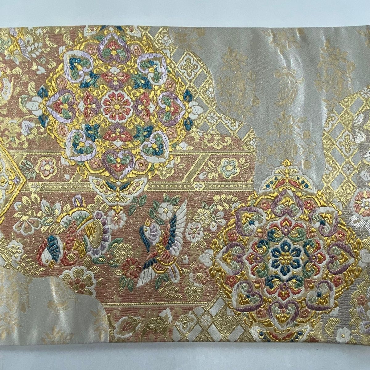 袋帯 美品 秀品 華文 花鳥 金銀糸 箔 ベージュ 六通 正絹 【中古 袋帯 美品 秀品 華文 花鳥 金銀糸 箔 ベージュ 六通 正絹 【中古