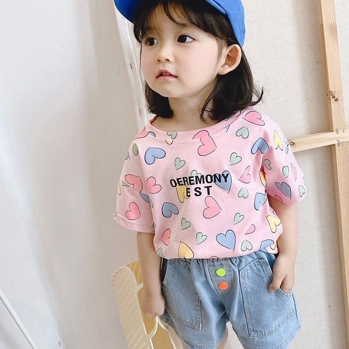 韓国子供服 Tシャツ トップス 半袖 女の子 ピンク カラフル 90〜110㎝ - メルカリShops
