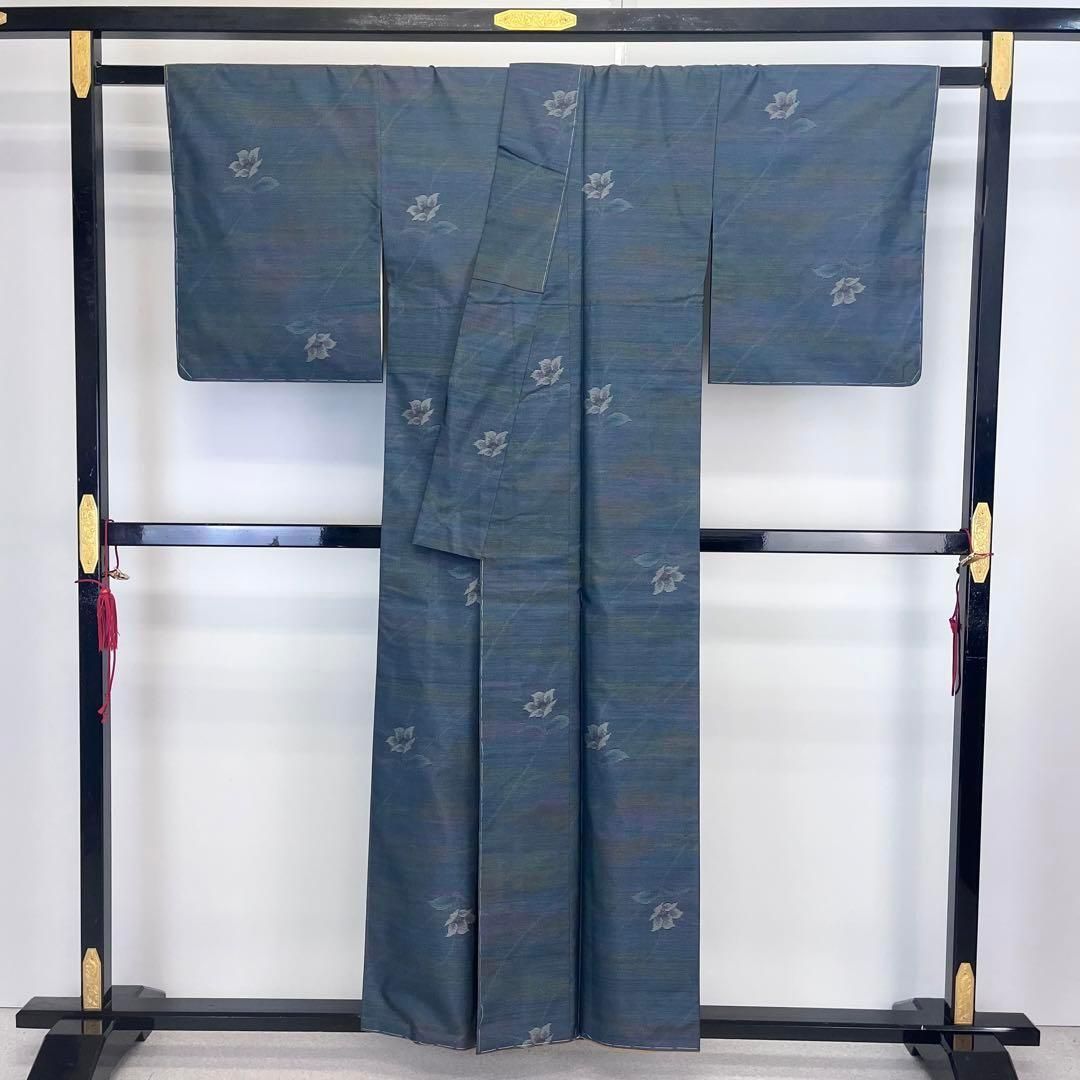 本場大島紬 横双絣 花模様 錆納戸色 K-4044