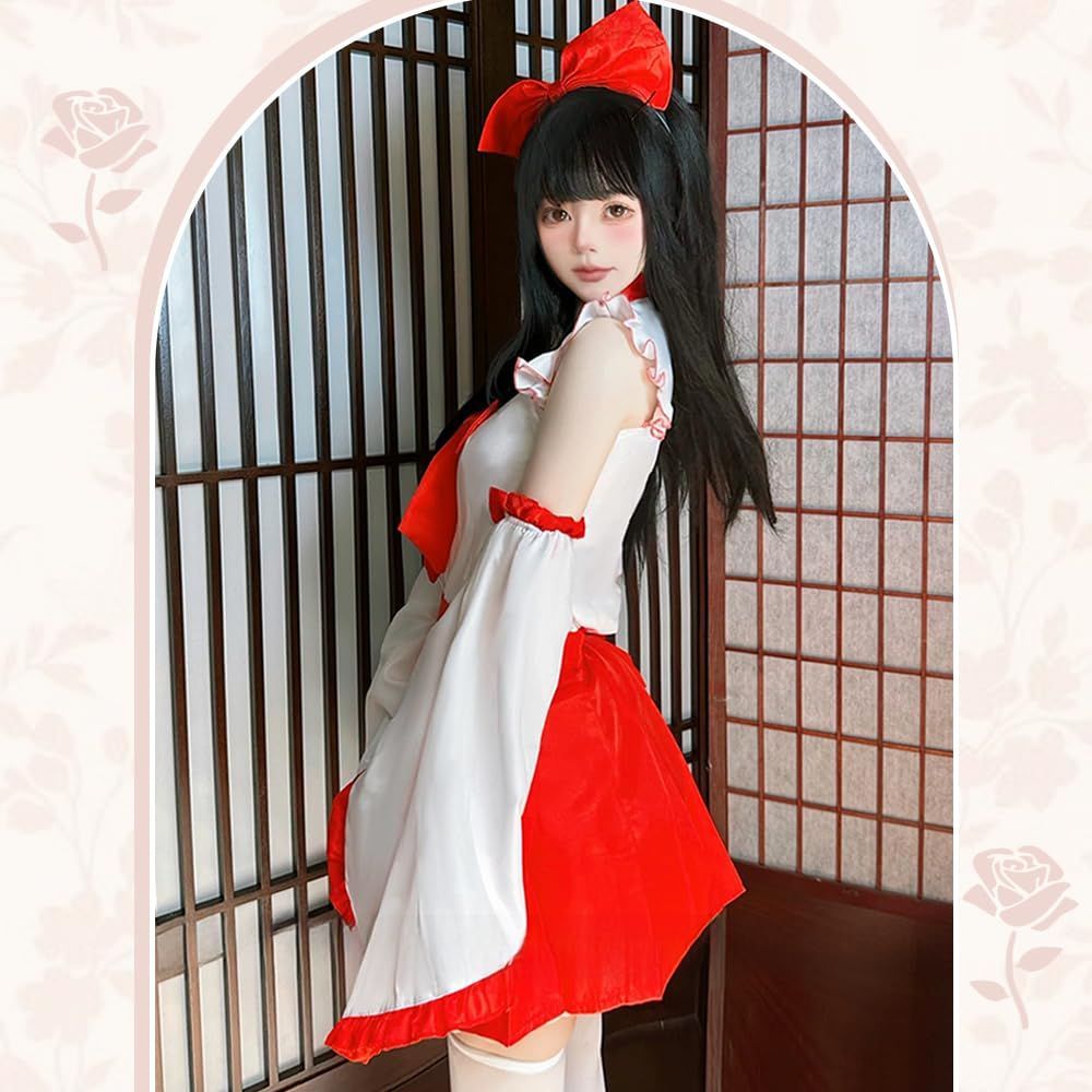 [RPFLQ] 巫女 コスプレ レッド 白×赤 妖狐 巫女さん レディース ワンピース 和風 和服 着物 ロリータ フリル 日常 萌え ハロウィン 仮装 レディース 衣装 可愛い 学園祭 イベント ヘアバンド ニーハイソックス