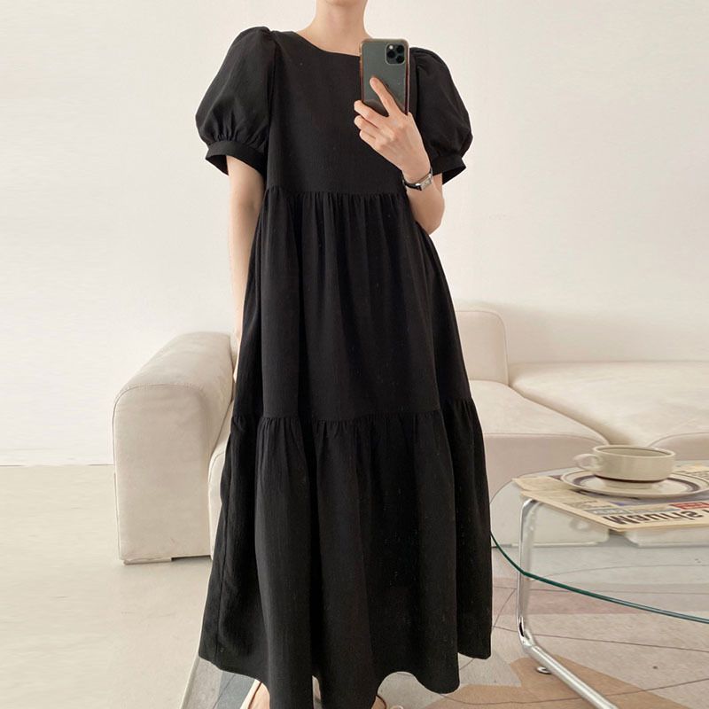 ロングワンピース 半袖 パフスリーブ ワンピース 夏 ゆったり レディース マキシ丈 ロング丈 ワンピース バルーン袖 体型カバー 着痩せ シンプル カジュア 薄手 ルームウェア