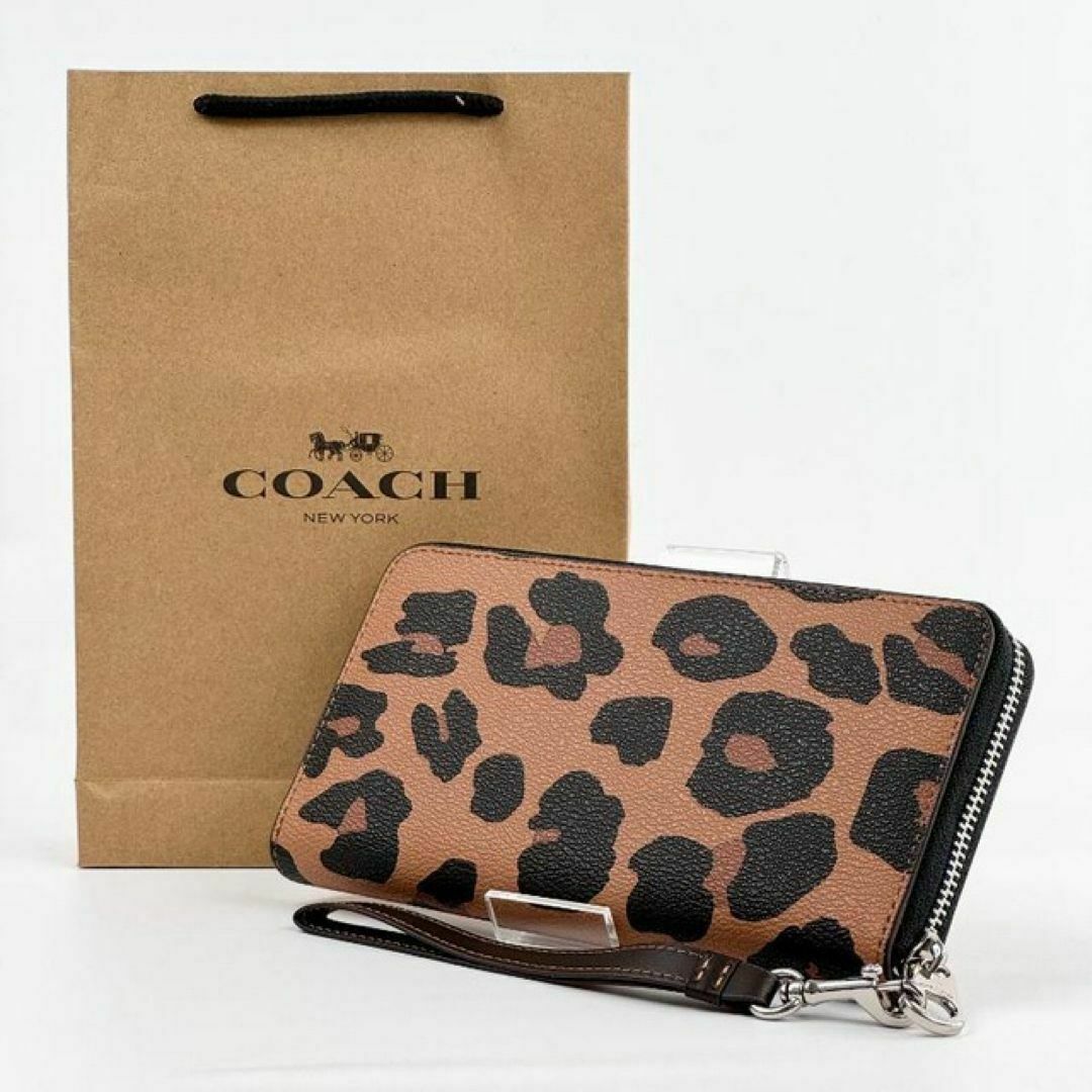 新品・未使用】COACH 長財布 レオパード柄 ライトサドル ストラップ付