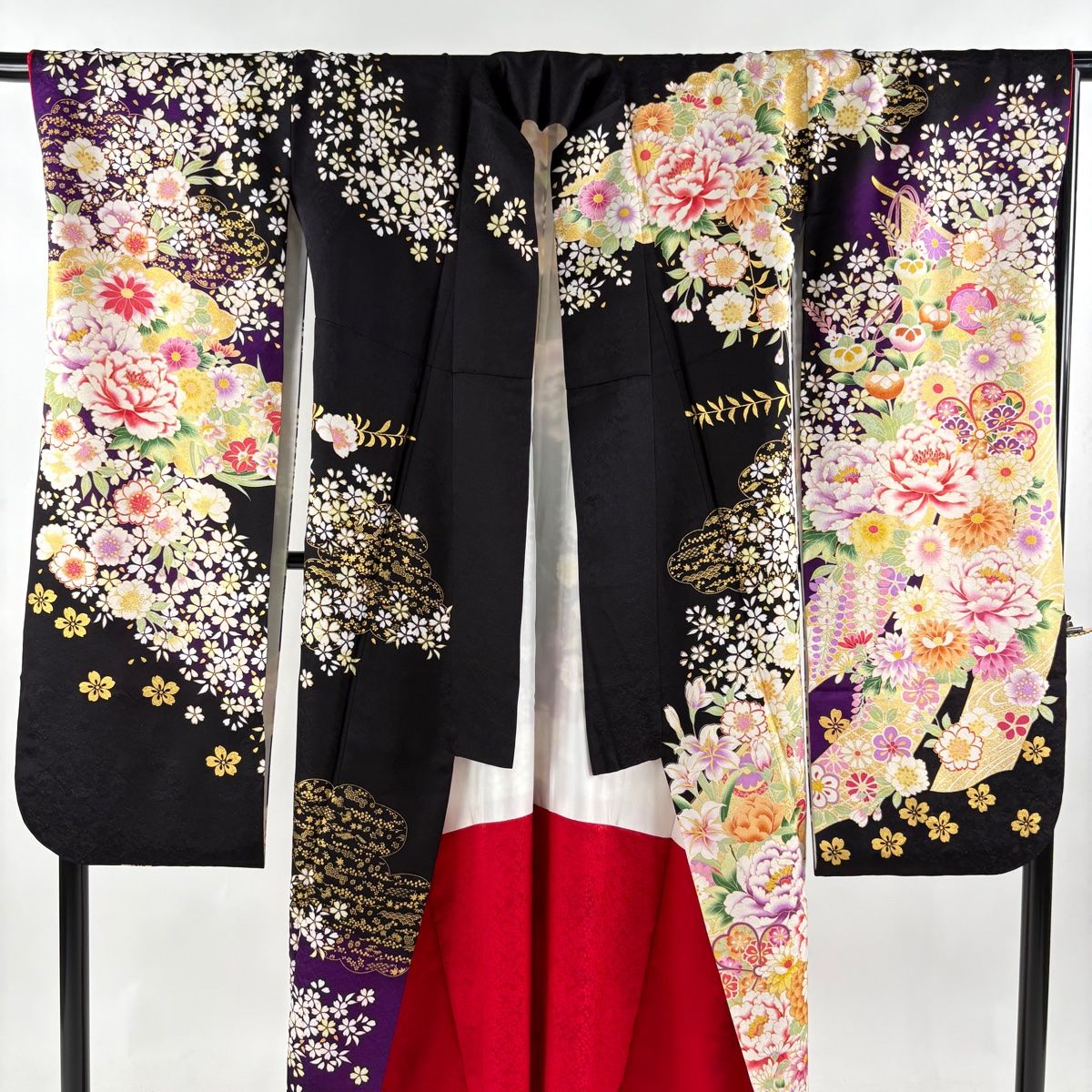 振袖 身丈163.5cm 裄丈67.5cm L 袷 袋帯フルセット 牡丹 几帳 箔