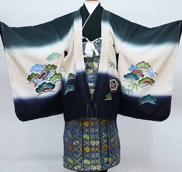 七五三 五歳 男児 正絹 羽織着物袴フルセット 深緑地 暈し 手染め 宝船