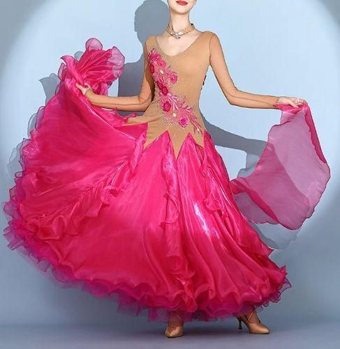 社交ダンスドレス ピンク薔薇 ボリューム スタンダード モダン オーダーメイド 社交ダンスドレス・衣装】ST21066 スタンダード/モダン 高級仕様