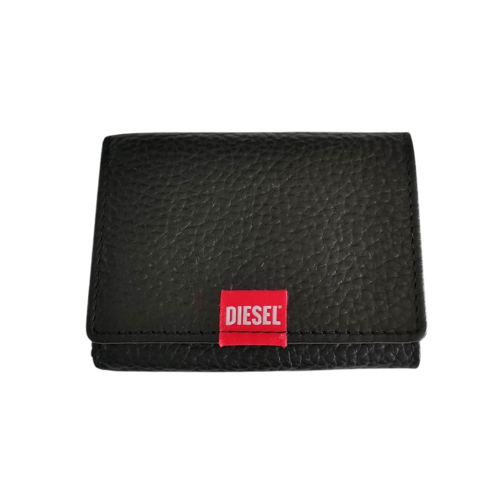 DIESEL ディーゼル レザー ロゴ コンパクトウォレット 三つ折り財布 き ブラック メンズ レディース 古着