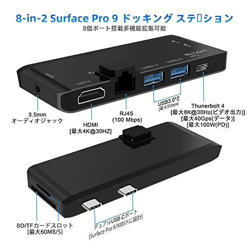 SP9-RJ45-B Surface Pro 9 ハブ 8-in-2 拡張 マルチポート 4K HDMI +