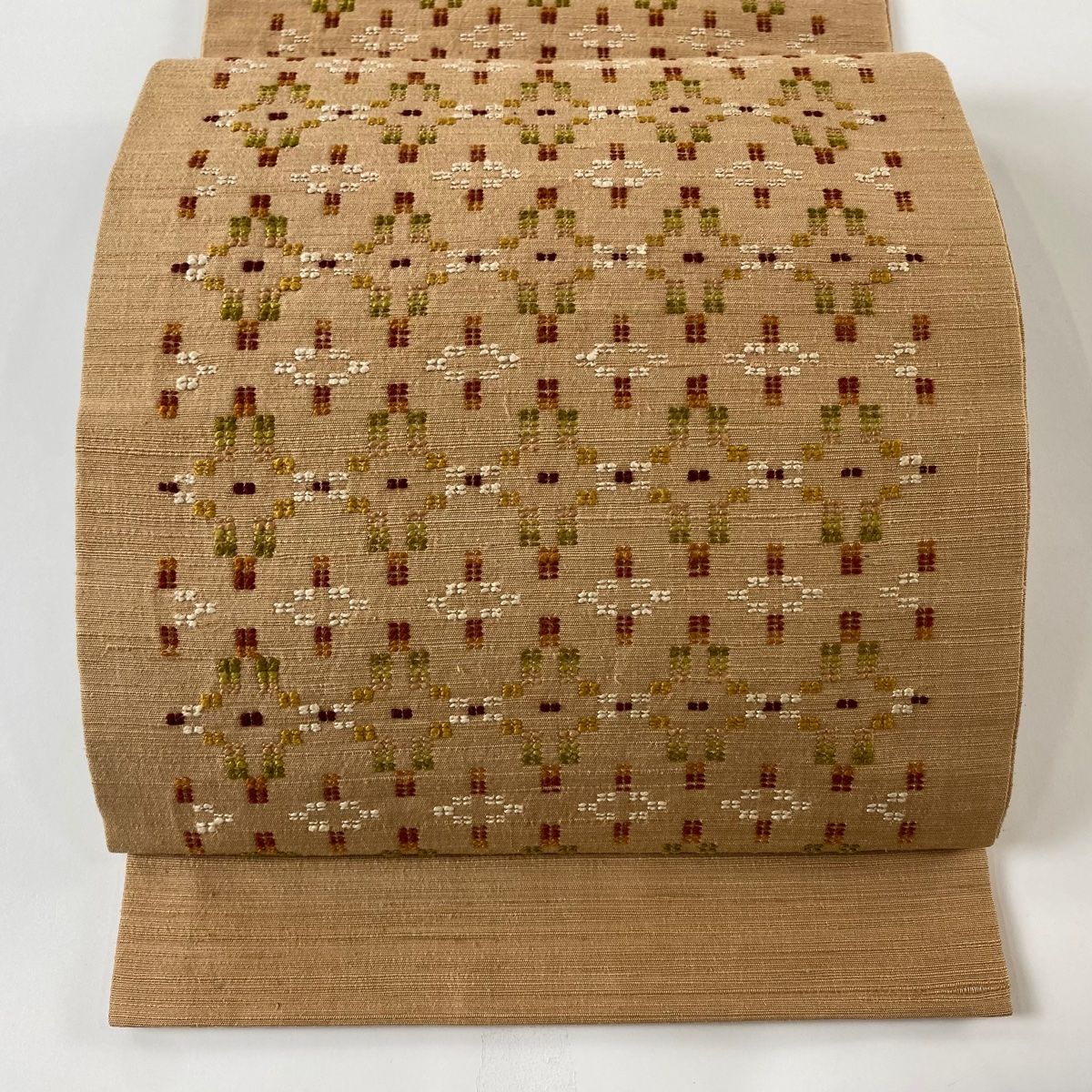 袋名古屋帯 紬 袋名古屋帯 美品 逸品 縞 幾何学模様 花織 抹茶色 正絹