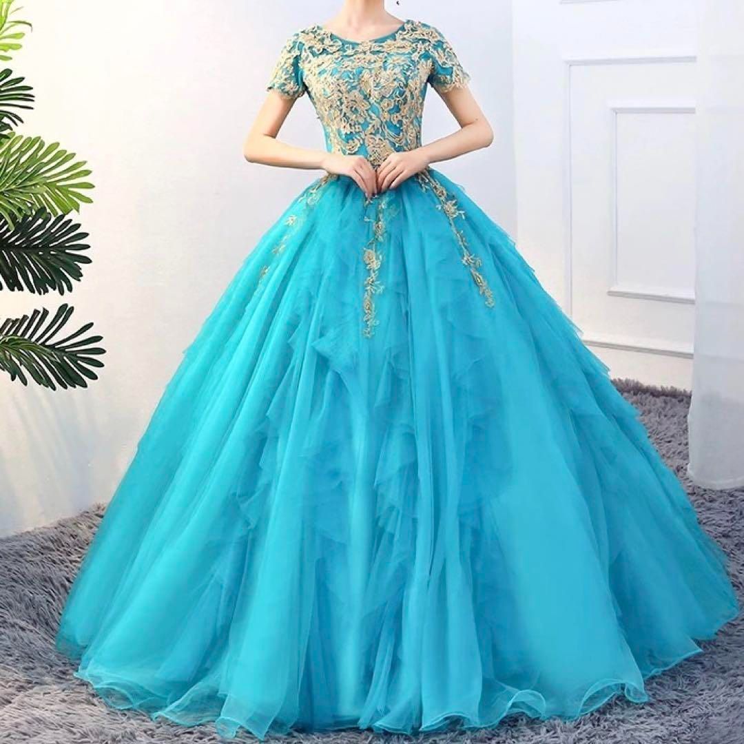 花柄のデザインが美しくゴージャスな半袖フリルイブニングドレス