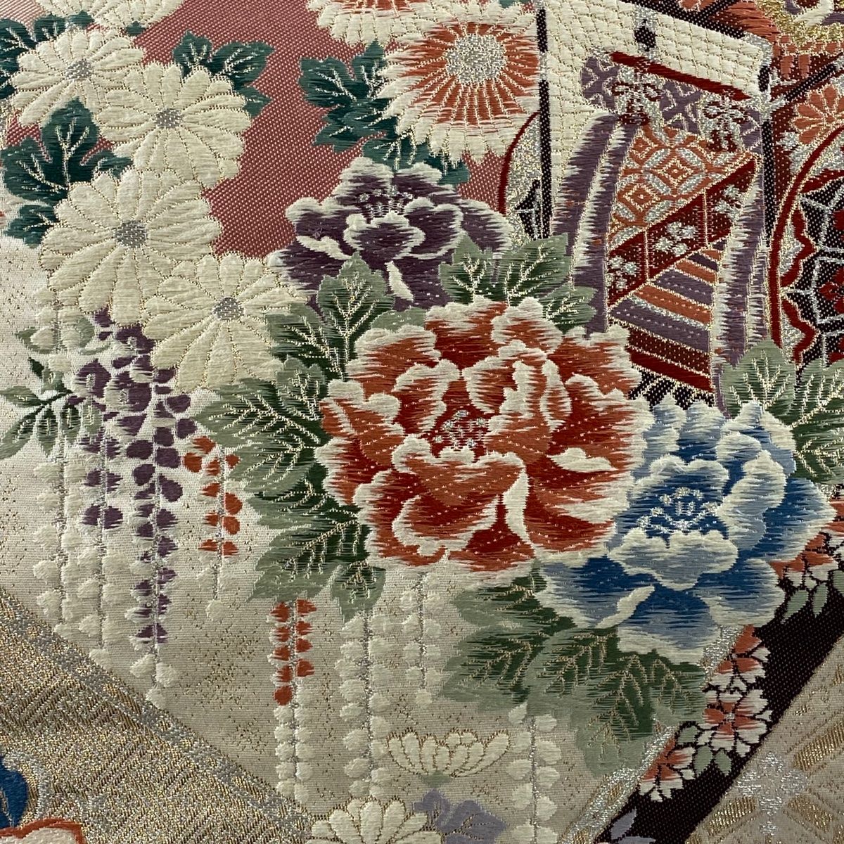 袋帯 秀品 御所車 草花 唐織 箔 ベージュ 六通 正絹 【中古