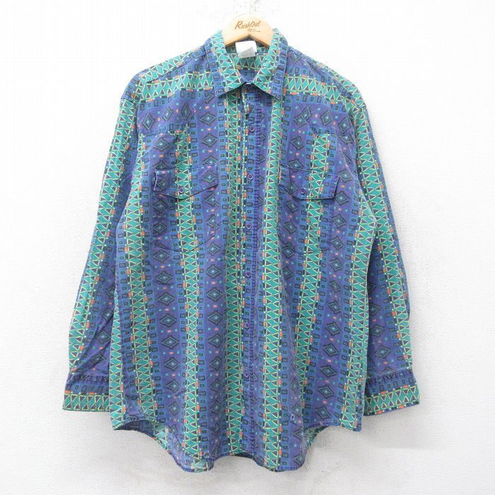 USA製☆US古着☆vintage【ネイティブ 民族 長袖 総柄シャツ】メンズL の「80s 90s USA 総柄 レーヨン シャツ ブルー レッド メンズL