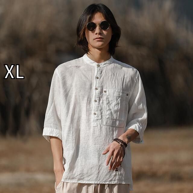 XL メンズ ファッション 服 男性用 オシャレ シンプル 大人 かっこいい 大きいサイズ ストリート 紳士服 スタンドカラー リネン シャツ 五分袖 カンフー 唐 スーツ 綿 リネン カジュアル 夏