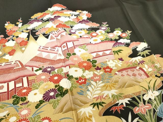 平和屋着物●訪問着　草花文　暈し染め　黒地　金彩　正絹　逸品　AAAX8326ck 平和屋着物○訪問着 草花文 暈し染め 黒地 金彩 正絹 逸品 AAAX8326ck