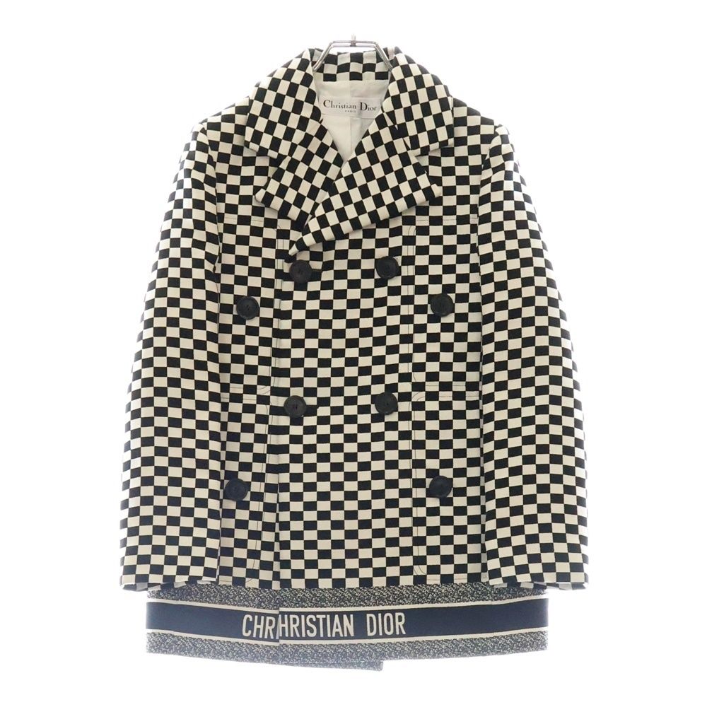Christian Dior クリスチャンディオール CDロゴ チェック柄 Pコート ジャケット ホワイト×ブラック レディース 8E21701A1730