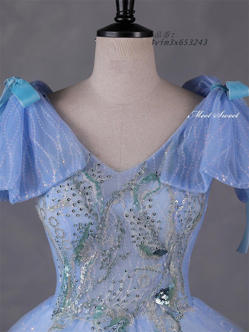 ☪ ドレス プリンセスライン ブルー リボン キラキラ 編み上げ ウェディングドレス ステージ衣装 前撮り 結婚式 花嫁 発表会 ロングドレス 演奏会 二次会 vim3x653243