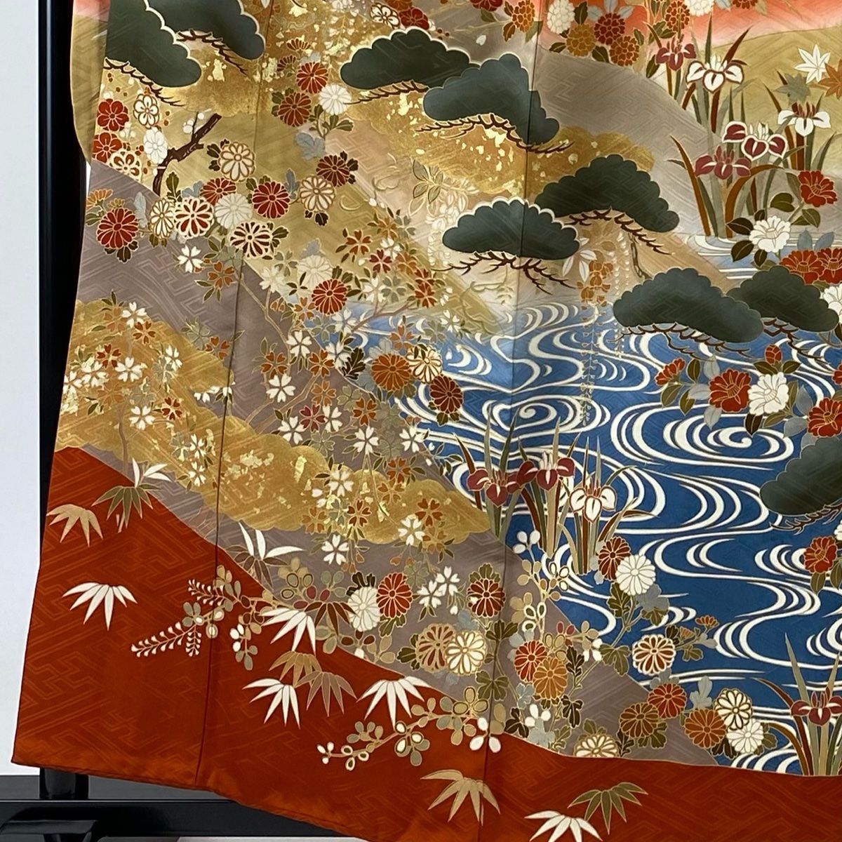 振袖 身長158-173cm 黄 矢絣 牡丹 松竹梅 正絹 振袖 身丈168cm 裄丈69.5cm L 袷 御所車 松竹梅 金彩 ぼかし