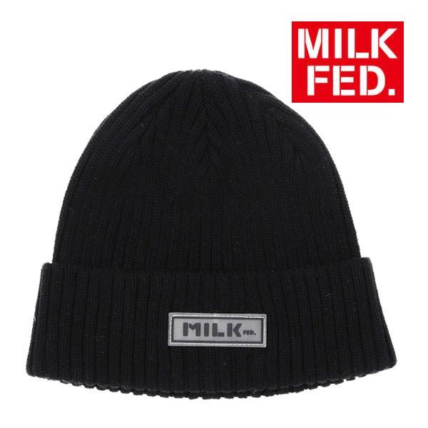 ニットキャップ ビーニー 帽子 ミルクフェド MILKFED RUBBER PATCH KNIT CAP 103243051001 レディース メンズ ニット帽 ブラック 黒 防寒 milkfed ブランド おしゃれ 可愛い シンプル ロゴ くろ