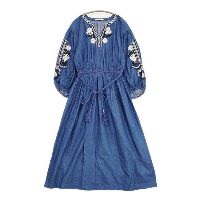 NE QUITTEZ PAS 刺繍 コットンボイル ドレス インド製 ウエスト紐付 ワンピース ネイビー レディース ヌキテパ 5-0921M∞