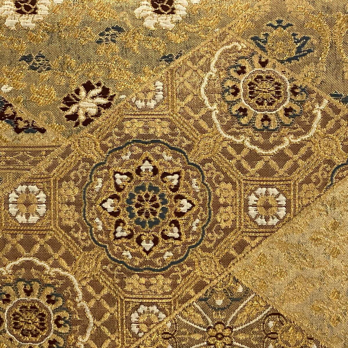 袋帯 秀品 華文 七宝 金糸 箔 薄茶色 六通 正絹