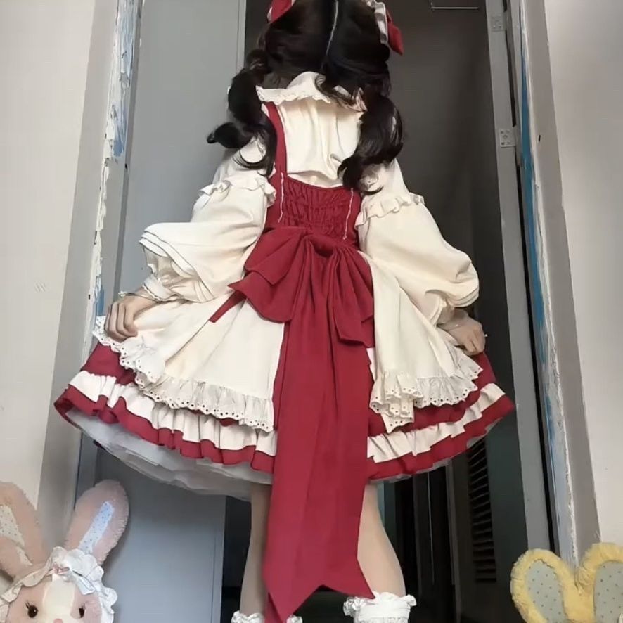 ♥ 可愛い苺柄 ロリータワンピース JSK 甘ロリデザイン リボン付き フリル装飾 ピンクドレス 長袖トップス&ヘアアクセサリーセット 撮影 イベント用 S~XLサイズ