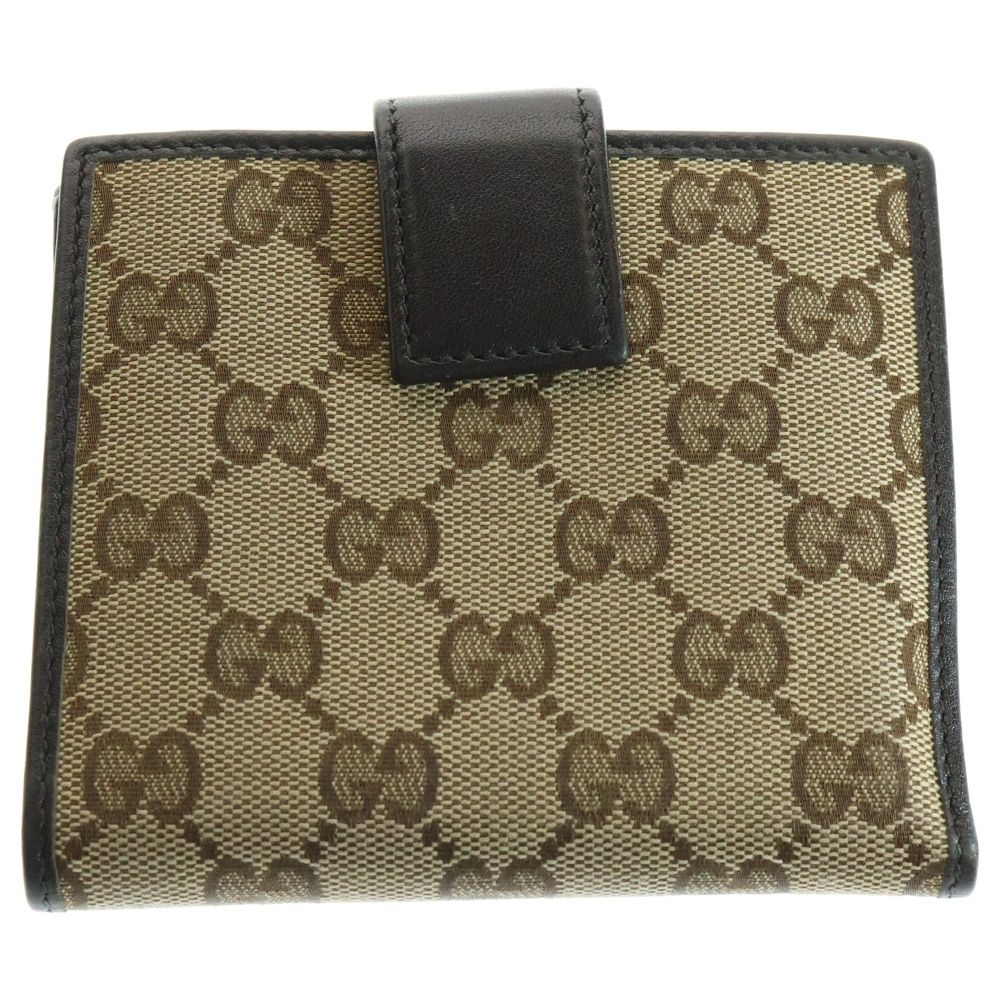 GUCCI (グッチ) GGキャンバス レザー ロゴプレート コンパクトウォレット 二つ折り財布 ゴールド金具 ベージュ/ブラウン ...