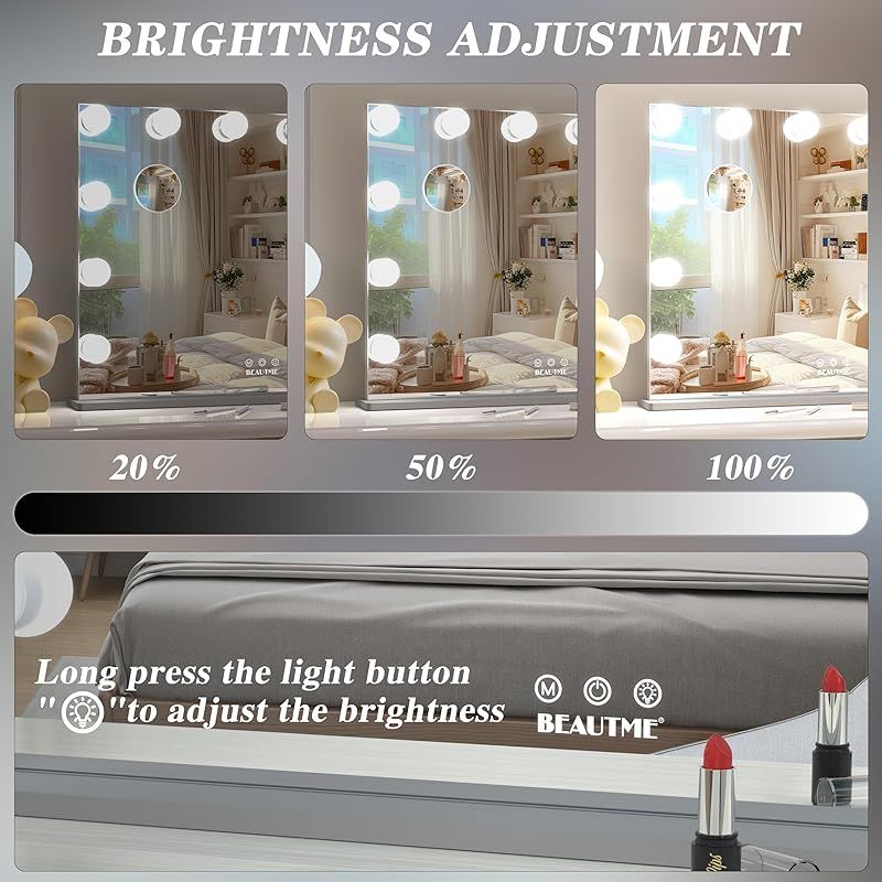  12電球付きライト付き大型ハリウッドミラー モードと調節 な明るさのメイクミラー 取り外し な10倍拡大鏡 70 X 54 cm 銀 0 ミラー 手鏡 メイク道具 化粧小物