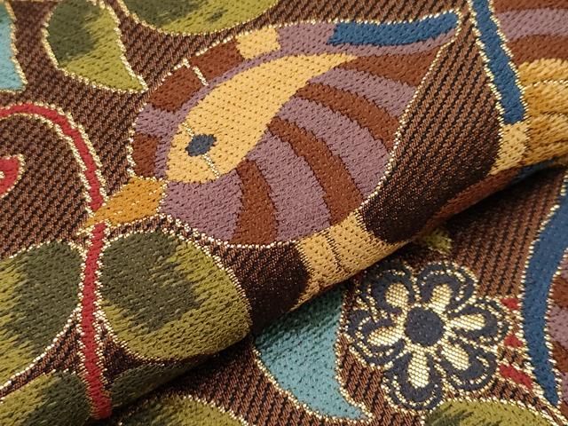 平和屋本店□極上 西陣 白綾苑大庭 六通柄袋帯 唐織 花喰鳥 金糸 逸品