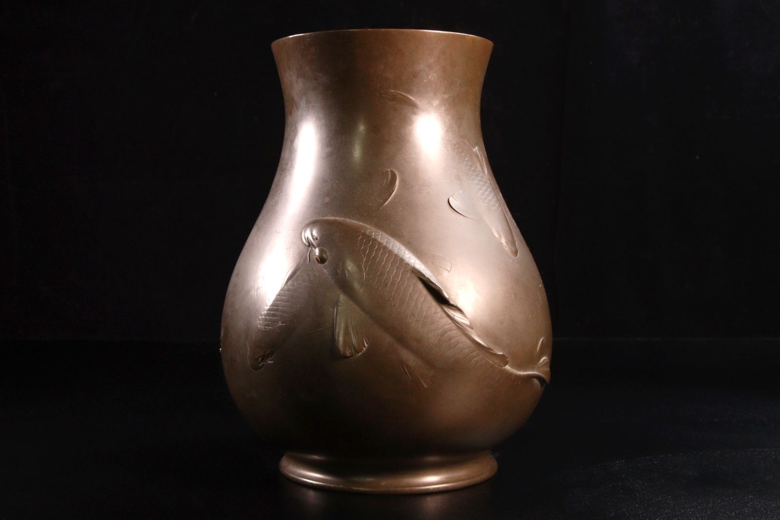 時代金工師 在銘 銅製 鯉高肉彫花瓶 28cm 4.2kg 箱付 唐物 骨董 古美術