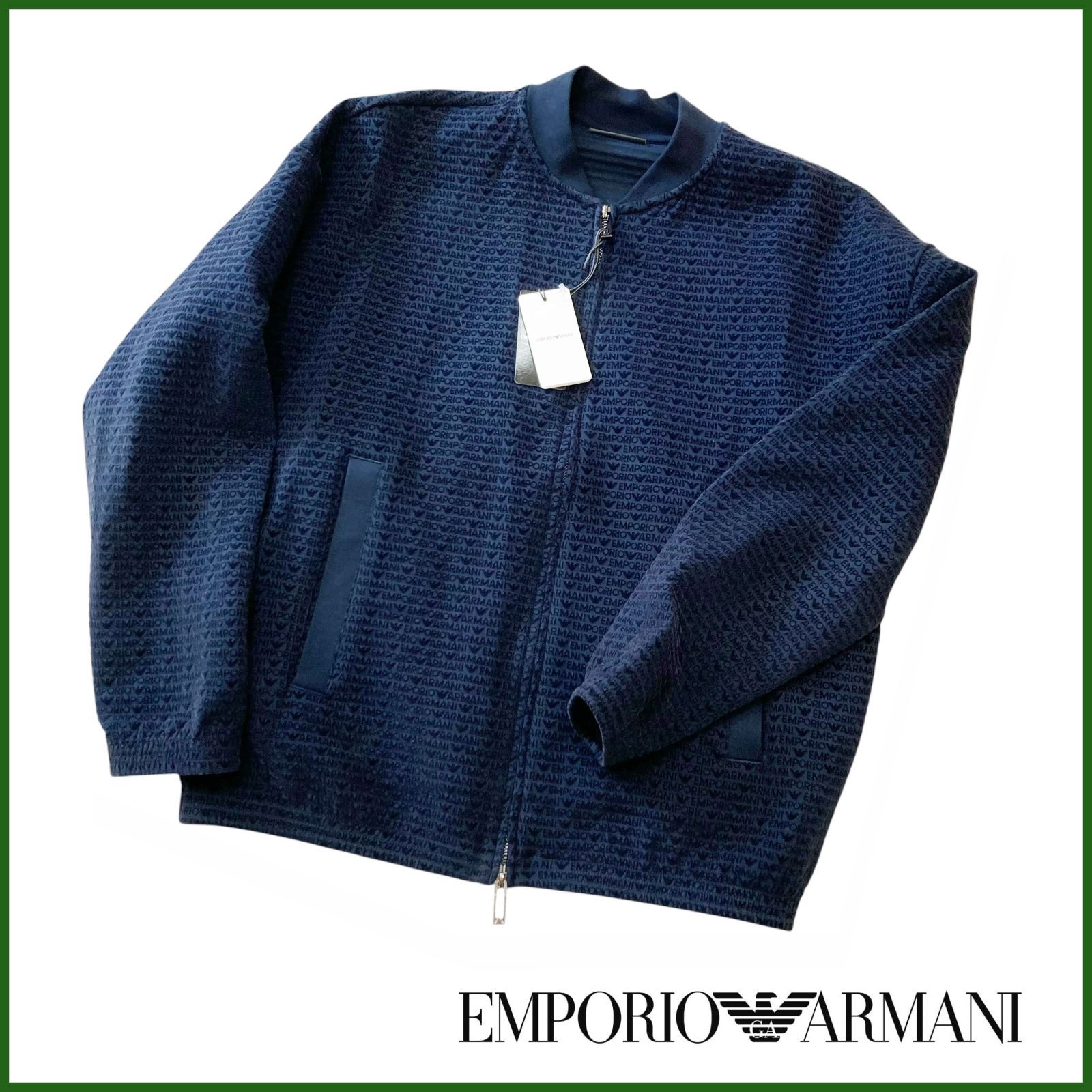 美品/XL相当✨アルマーニ ピーコート ダブル ロゴプレート エルボーパッチ 紺 中古○エンポリオアルマーニ○総柄 ダブルジップアップ