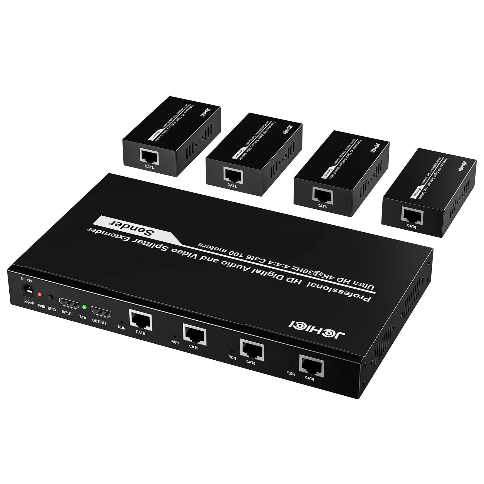 100M 4出力 JCHICI HDMI 分配 エクステンダー 4K 30Hz 100mロスレス伝送 LAN スプリッター RJ45 変換 CAT6|CAT7 対応 EDIDコピー-ローカルループアウト機能を搭載