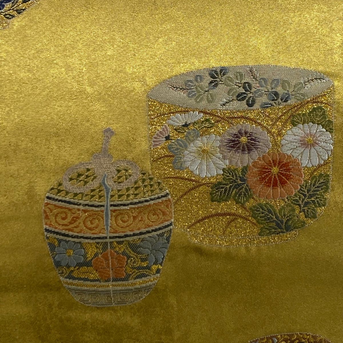 袋帯 秀品 長嶋成織物 落款 瀞金錦 本金箔 茶器の華 唐織 金糸 金色 お太鼓柄 正絹