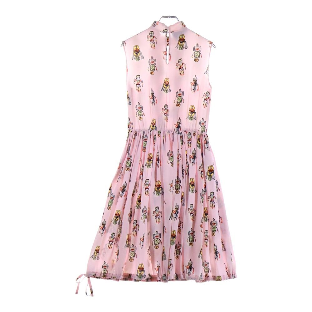 PRADA プラダ 16SS ロボット総柄プリント シルク スタンドカラー ノースリーブ ギャザー ミディアムワンピース ピンク レディース P24N3 CARILOBEACH_COM