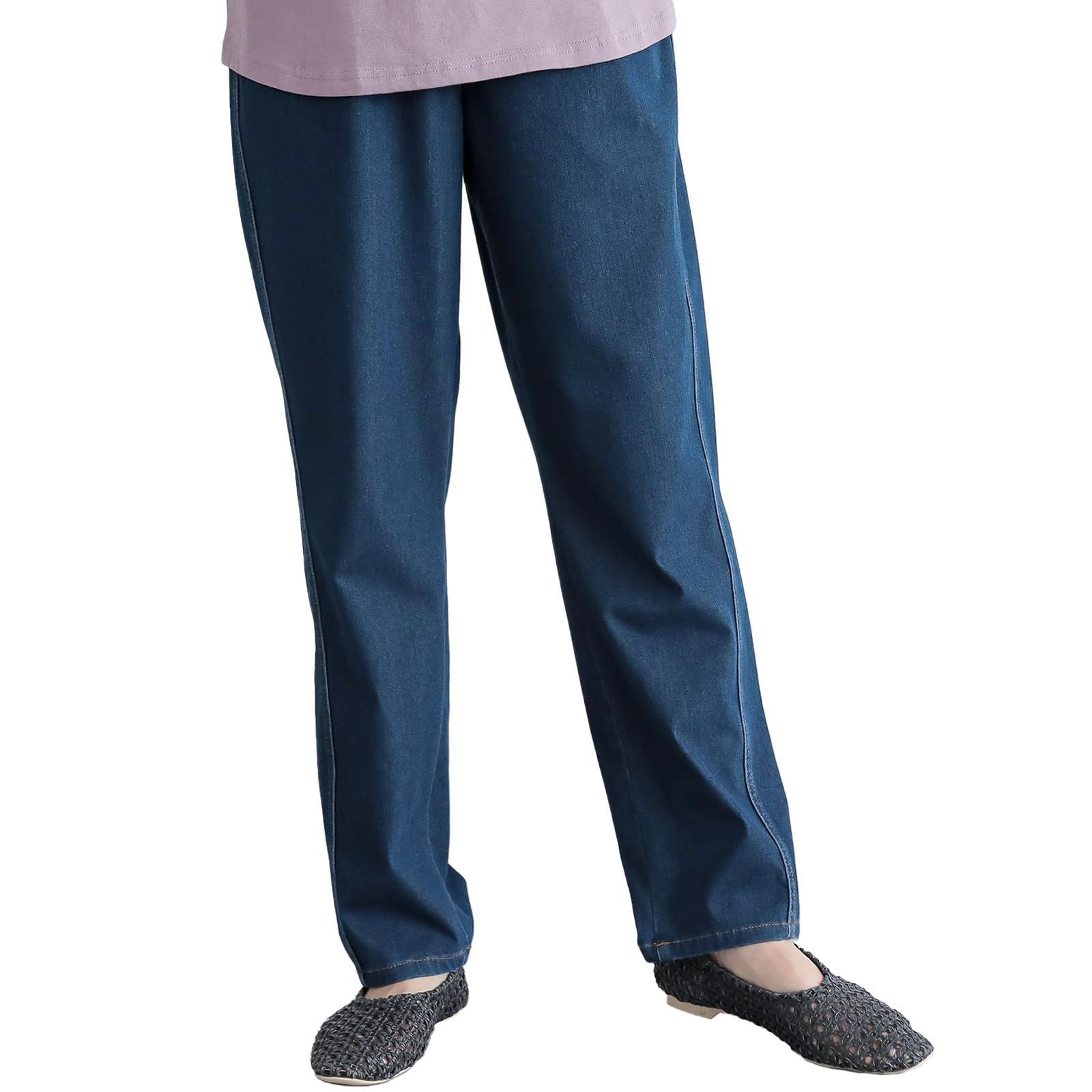Size L-LL_Color ネイビー n OrLABEL オシャレウォーカー 接触冷感ジャージ?デニムテーパードパンツ デニム ジーンズ 美脚 レディース ひんやり UVカット 伸びる ストレッチ 伸縮性 ズボン ジーパン 体型カバー ゆったり ウエス