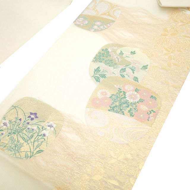 こばはる　夏帯　袋帯　六通　絽　桔梗　萩　花菖蒲　花柄　銀糸　正絹 新古品】 夏物 袋帯 未使用 正絹 フォーマル 京都 西陣 絽 金