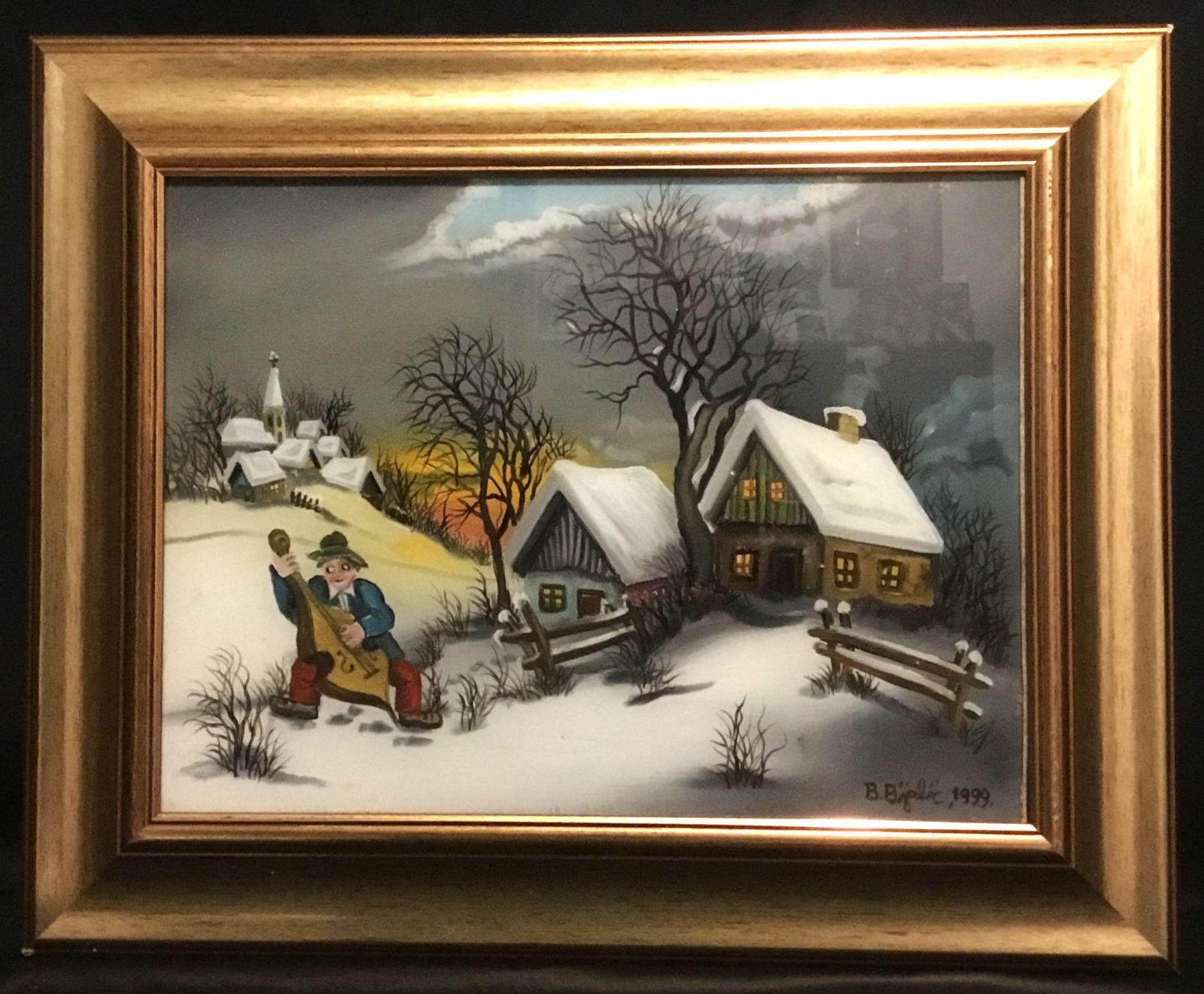 真作・クロアチア素朴派の巨匠ブラニミール・ビイェリッチ作雪の農村風景ガラスアート 美術品・アンティーク・コレクション クロアチア素朴派