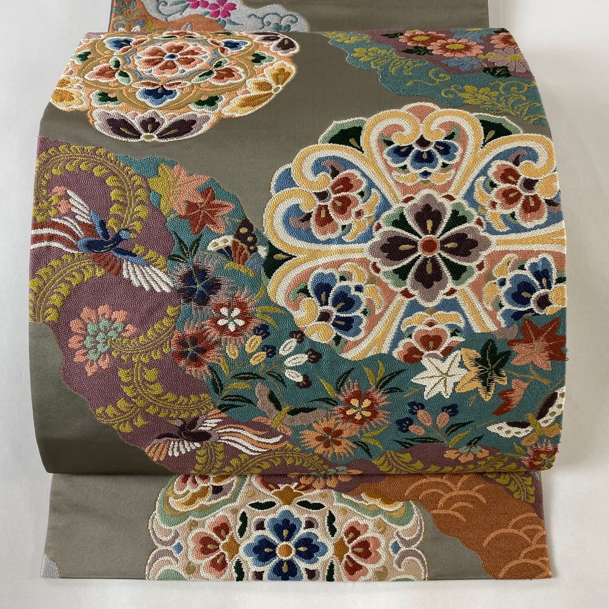 ドークブア□六通柄袋帯 白綾苑 大庭 鼠 未使用 極上の逸品