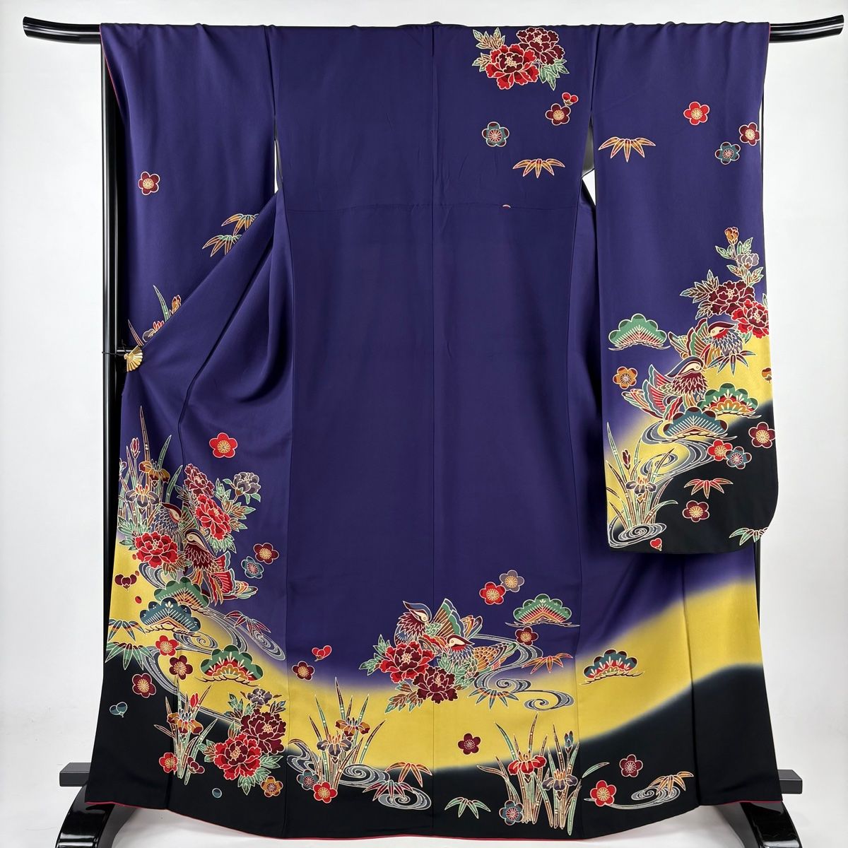 振袖 身丈168.5cm 裄丈68cm L 袷 鴛鴦 松竹梅 染め分け ぼかし 紫 正絹 名品