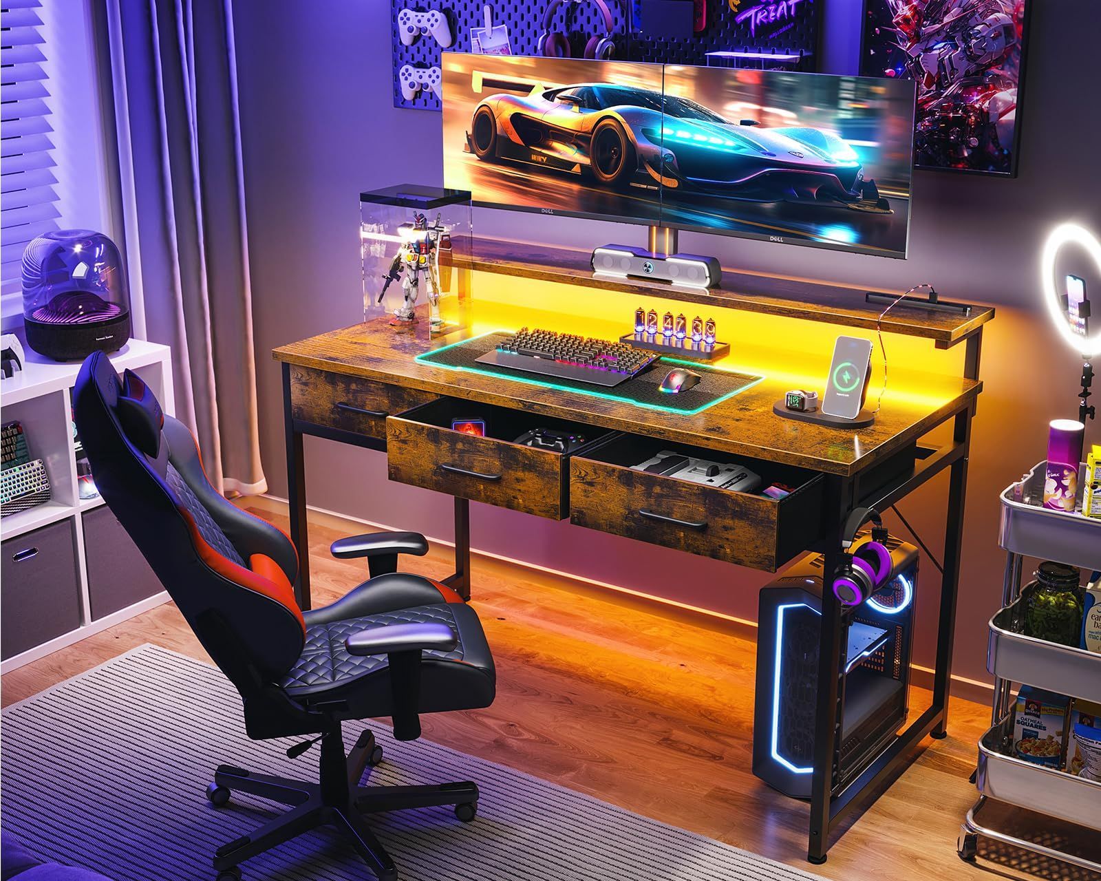 新着商品 コンセント-LED付き desk computer 子 ゲームデスク pcデスク 机 モニター台付き 幅120cm 在宅ワーク 引き出し付き ゲーミングデスク 一人暮らし パソコンデスク ビンテージ ODK MARWIL-DEMENAGEMENTS_CH