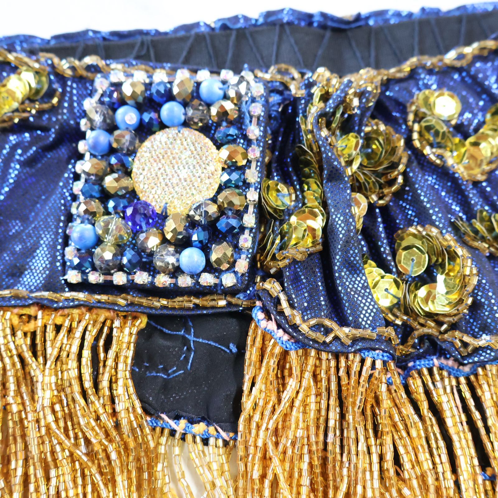 【ベリーダンス用オリエンタル衣装】ラメ入りブルー ブラトップ スリットスカート ベリーダンス用 オリエンタル衣装ブルー×ゴールド スパンコールラメ