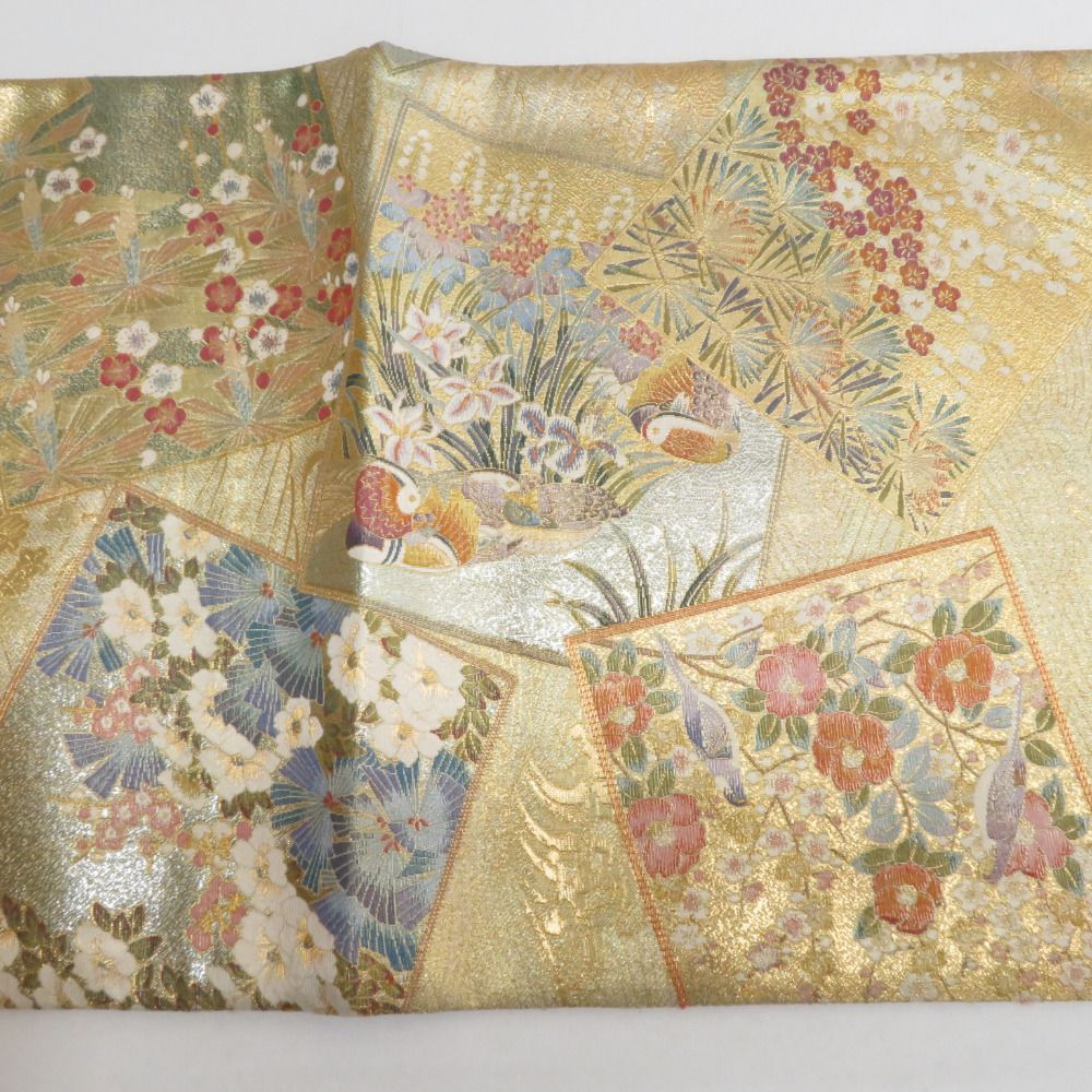 袋帯 ゴールドx多色 花鳥風月模様 金糸銀糸 六通柄 正絹 仕立て上がり