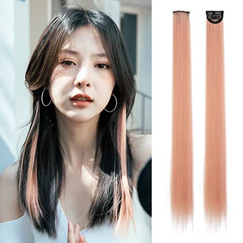 grapefruit pink SARLA エクステ ワンタッチ メッシュ 部分ウィッグ ロング カラー ポイント ヘアピース ブリッジ クリップ 取り付け簡単 5本セット単色