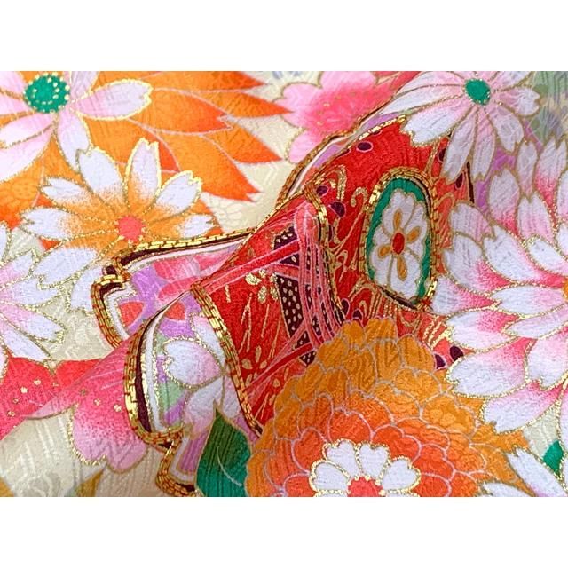 非売品 七五三 着物 7歳 セット 正絹 日本製 絵羽柄の子供着物 結び帯コーディネートセット 紫 桜に鼓