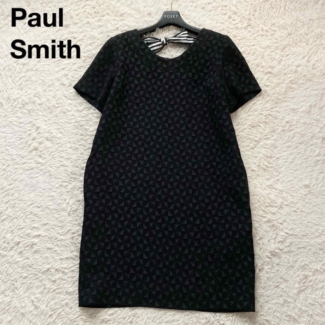 ポールスミス Paul Smith ひざ丈ワンピース 半袖 Iライン プルオーバー バックリボン バイ 幾何学模様 立体生地 ポコポコ ブラック 黒 40サイズ